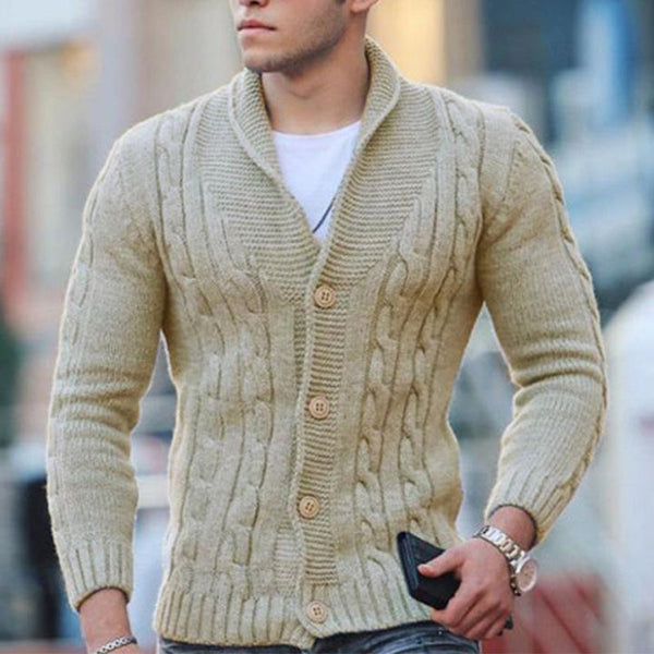 Men's Solid Color Cable Shawl-lapels Button Knit Cardigan