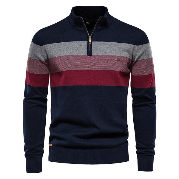 Men's Contrast Striped Half-Zip Stand Collar Sweater