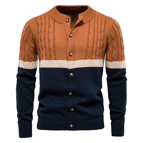 Men's Stand Collar Cotton Contrast Striped Cable Cardigan