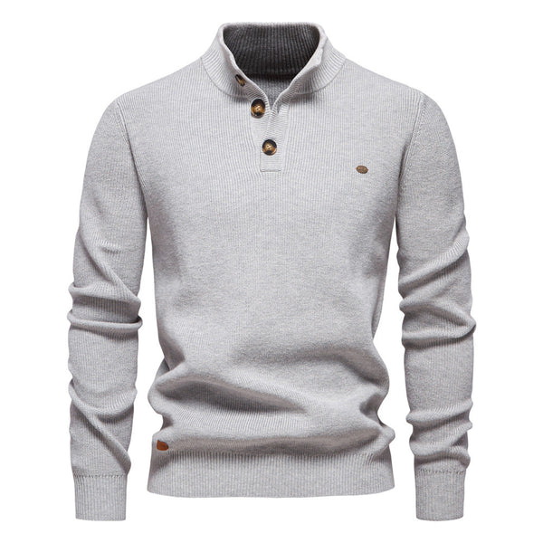 Men's Mock Neck Button-Up Cotton Pullover Sweater
